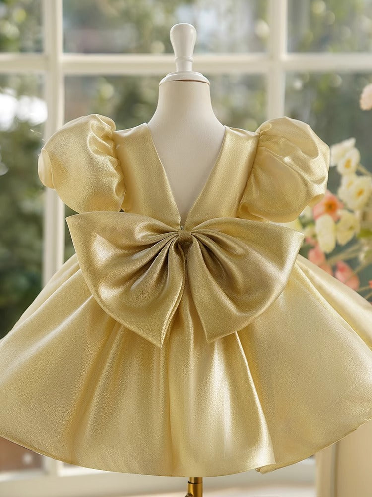 Robe de Bal/Princesse en Satin Champagne pour Bébé Fille, Longueur Genou