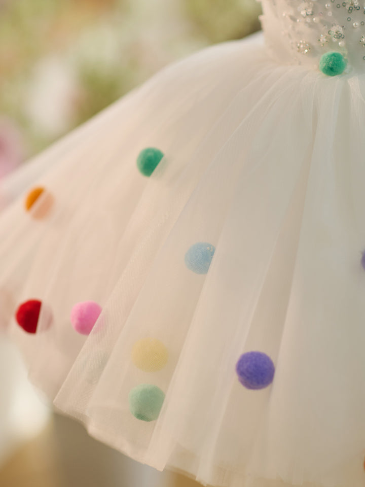 Robe de Soirée 1Er Anniversaire en Tulle à Paillettes Blanches Jusqu'Aux Genoux