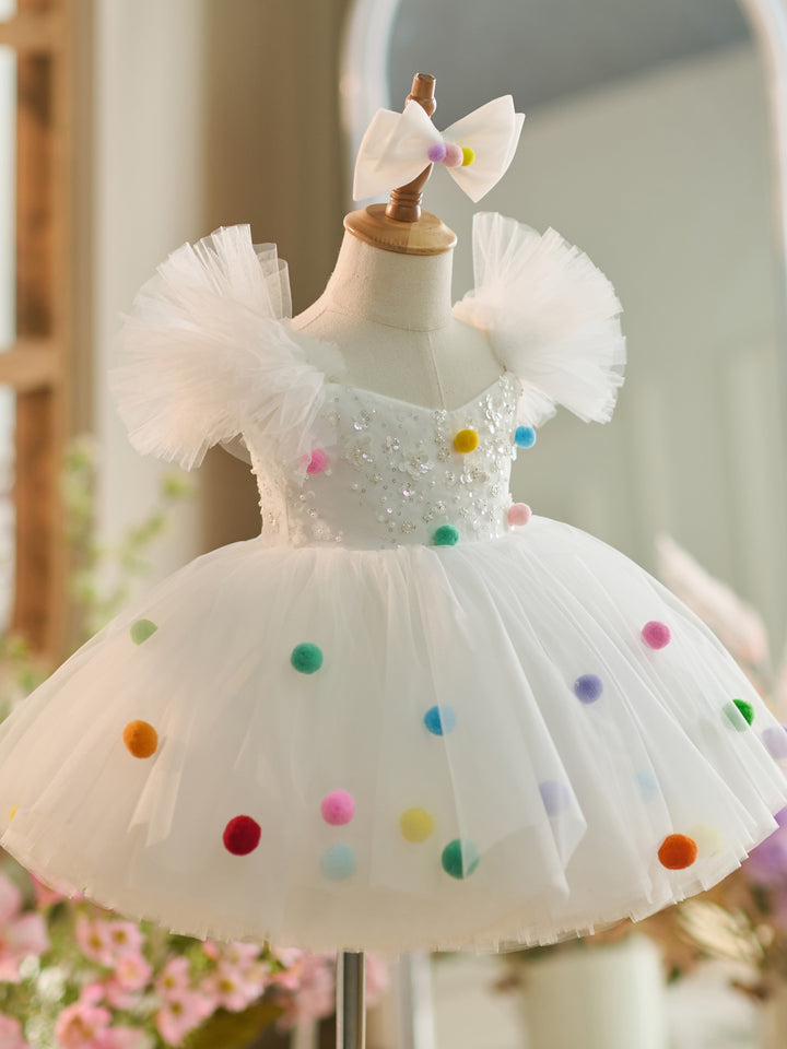 Robe de Soirée 1Er Anniversaire en Tulle à Paillettes Blanches Jusqu'Aux Genoux