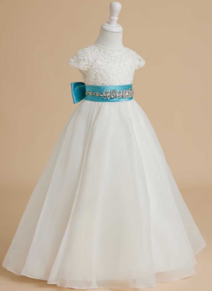 Robe de Demoiselle D'Honneur en Dentelle et Organza Ivoire Longueur Cheville Coupe A