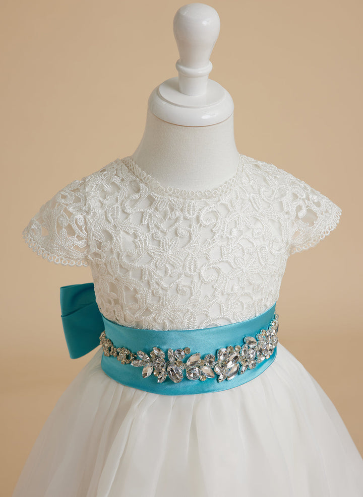 Robe de Demoiselle D'Honneur en Dentelle et Organza Ivoire Longueur Cheville Coupe A