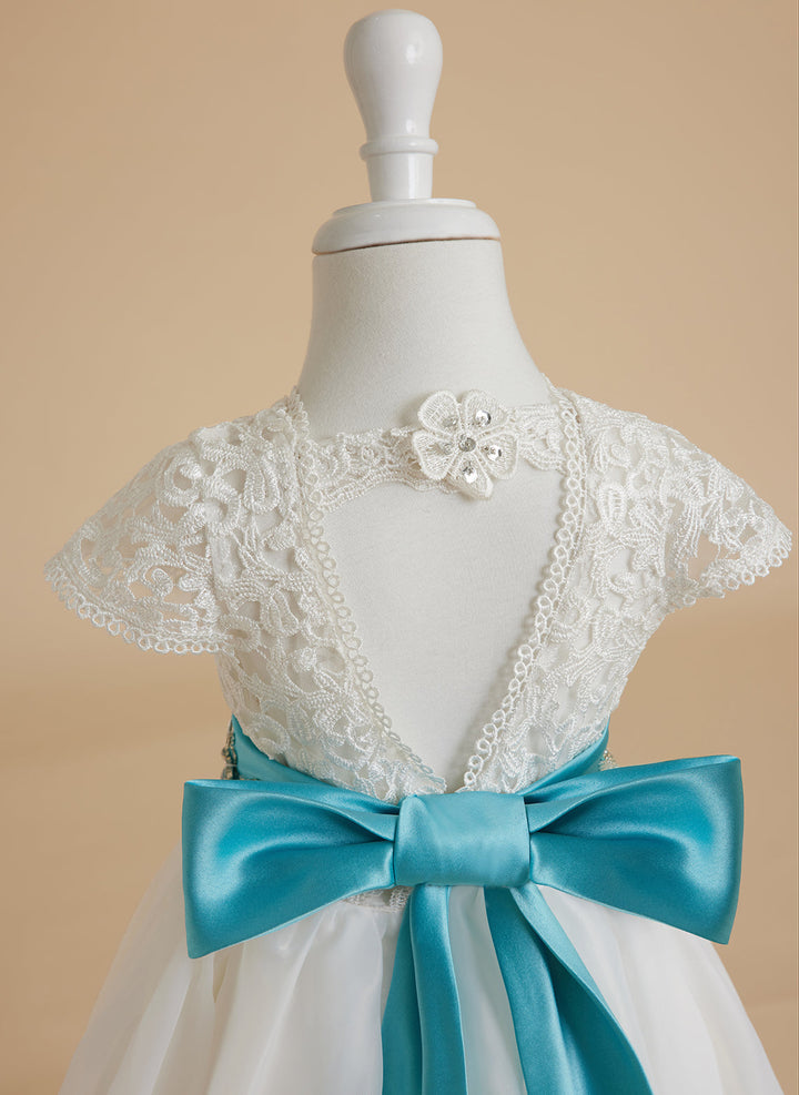 Robe de Demoiselle D'Honneur en Dentelle et Organza Ivoire Longueur Cheville Coupe A