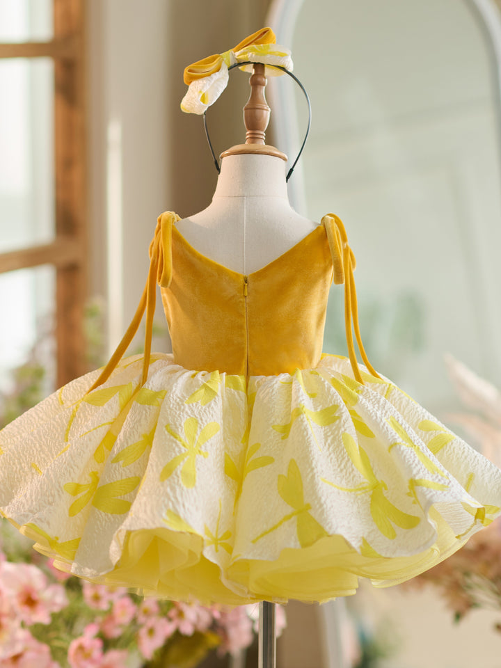 Robe de Fête D'Anniversaire pour Tout-Petits en Tulle et Velours Doré, Longueur Genou