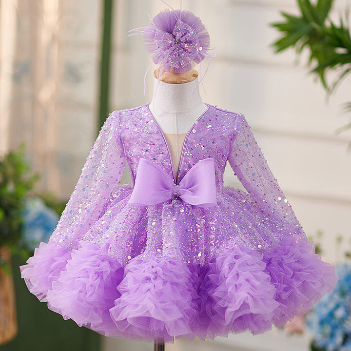 Robe Bébé Fille Lilas à Volants, Manches Longues, Nœud Papillon, Longueur Genou
