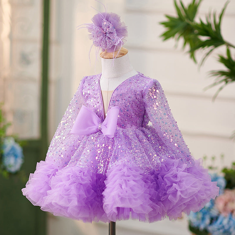 Robe Bébé Fille Lilas à Volants, Manches Longues, Nœud Papillon, Longueur Genou