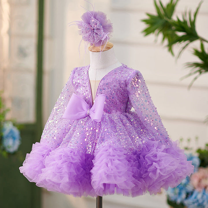 Robe Bébé Fille Lilas à Volants, Manches Longues, Nœud Papillon, Longueur Genou