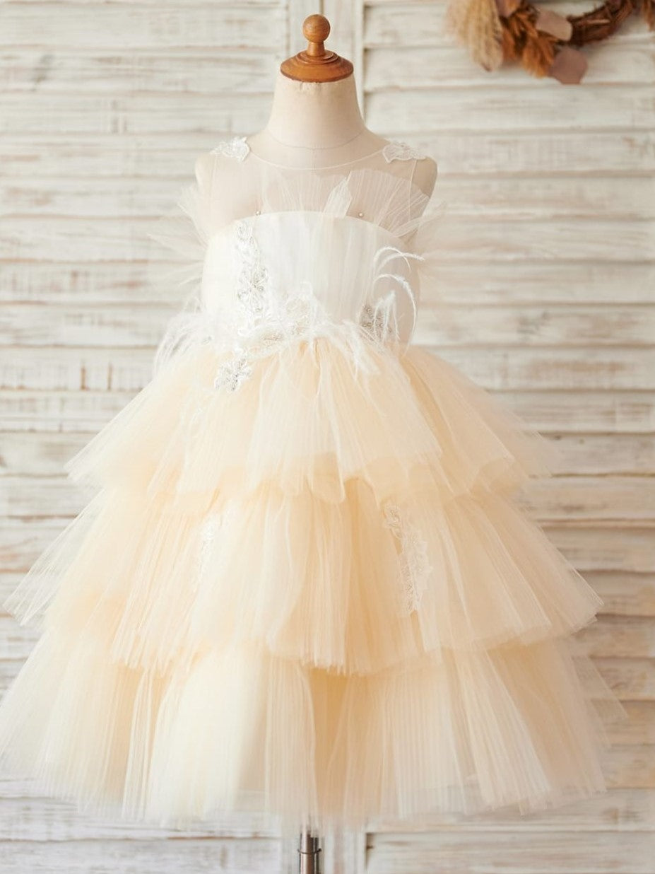 Robe de Demoiselle D'Honneur en Tulle Satiné Longueur Genou Couleur Champagne
