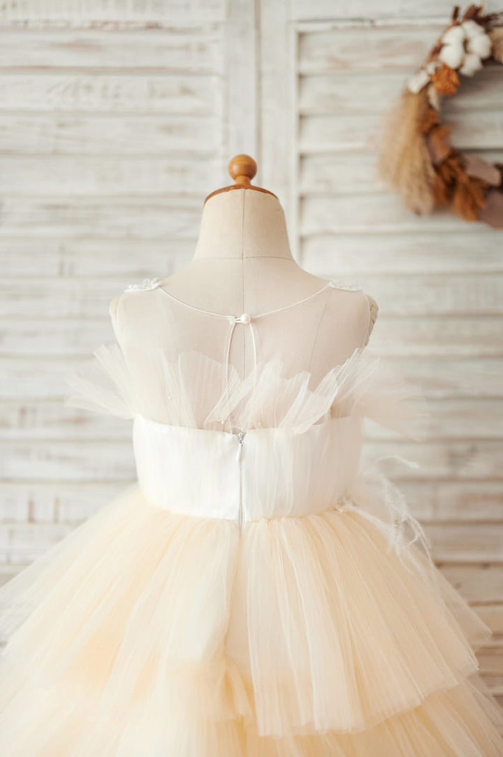 Robe de Demoiselle D'Honneur en Tulle Satiné Longueur Genou Couleur Champagne