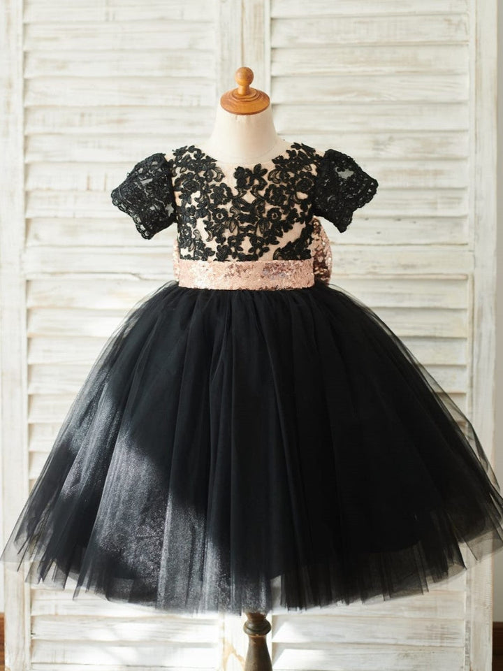 Robe Élégante Noire en Dentelle et Tulle Pailleté Jusqu'Aux Genoux pour Fille