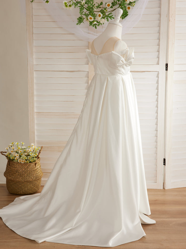 Robe de Demoiselle D'Honneur en Satin Ivoire à Traîne Longue