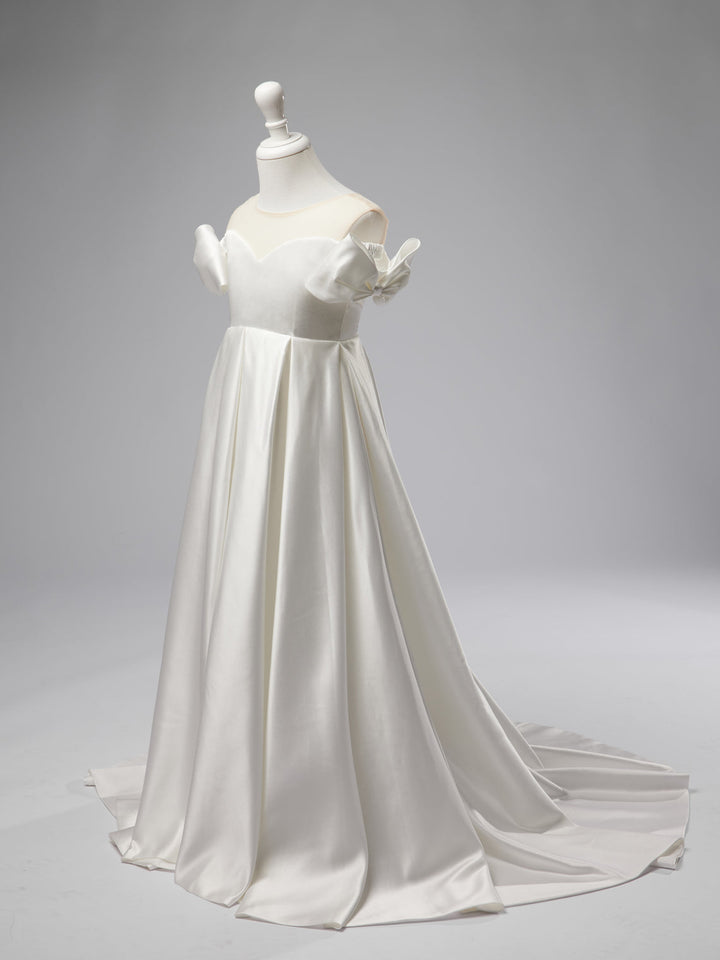 Robe de Demoiselle D'Honneur en Satin Ivoire à Traîne Longue