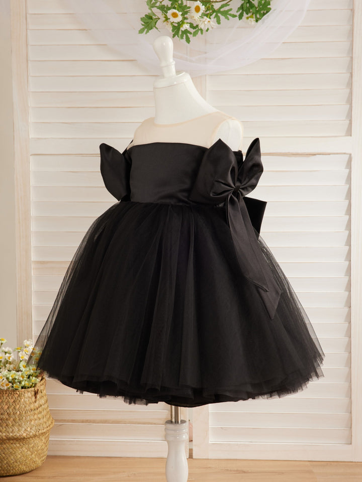 Robe Bébé Fille en Tulle Noir à Épaules Dénudées et Longueur Genou