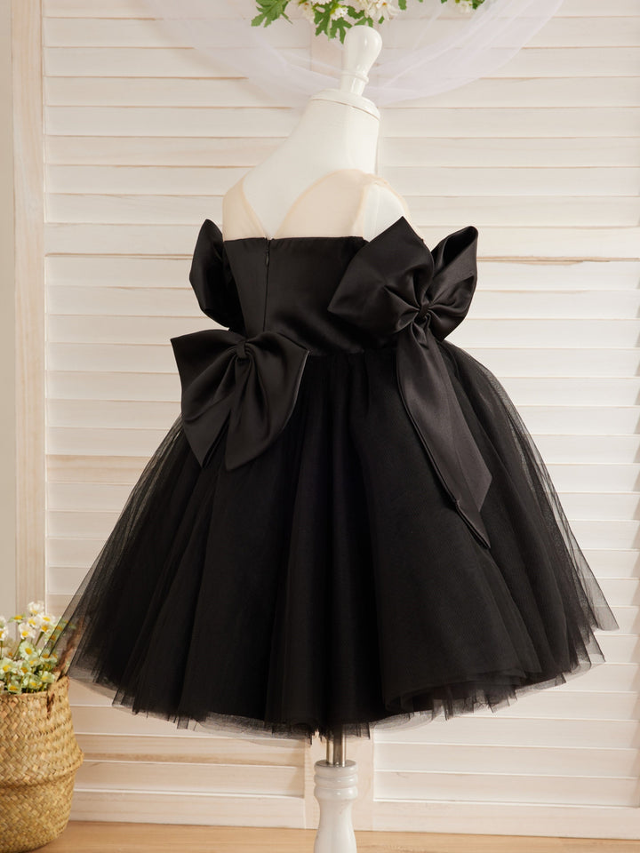 Robe Bébé Fille en Tulle Noir à Épaules Dénudées et Longueur Genou