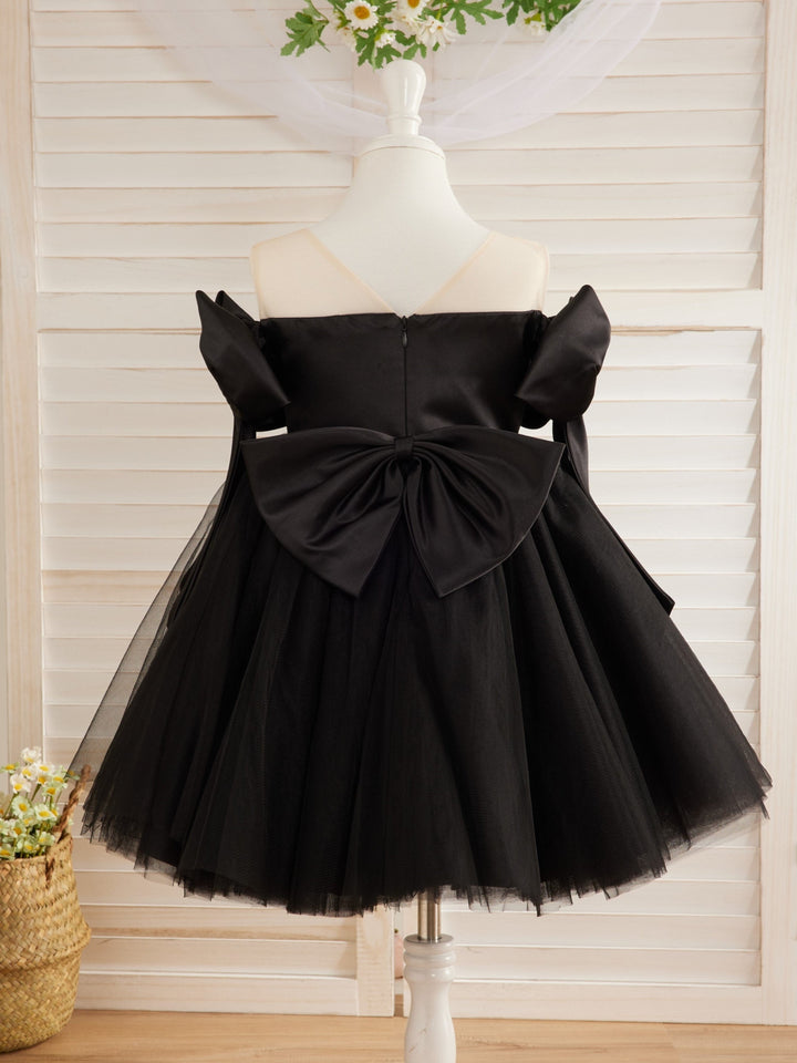 Robe Bébé Fille en Tulle Noir à Épaules Dénudées et Longueur Genou