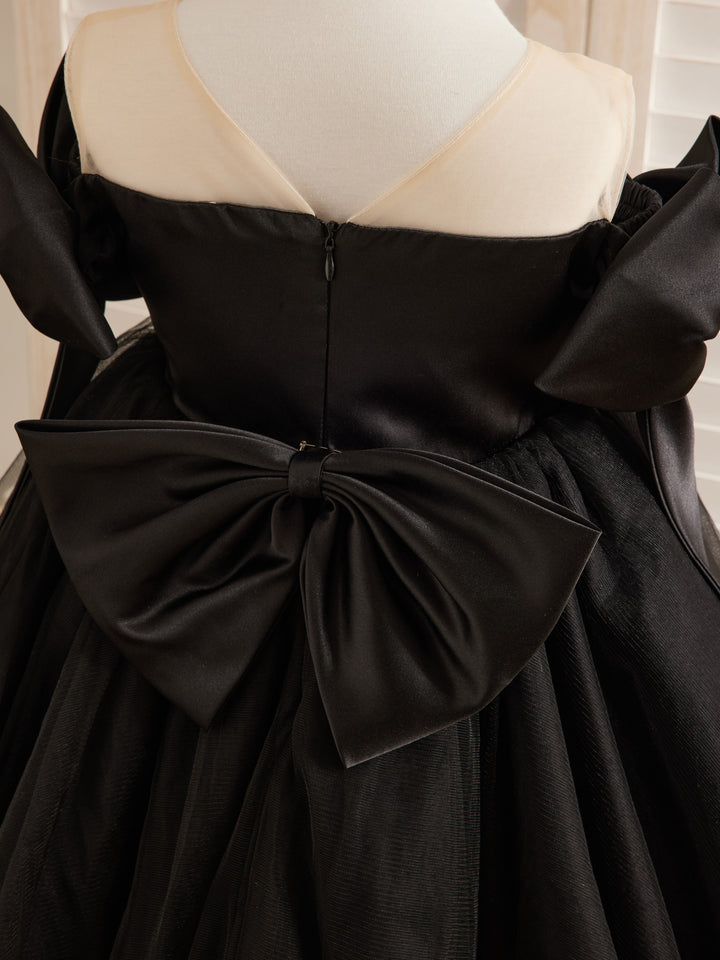 Robe Bébé Fille en Tulle Noir à Épaules Dénudées et Longueur Genou