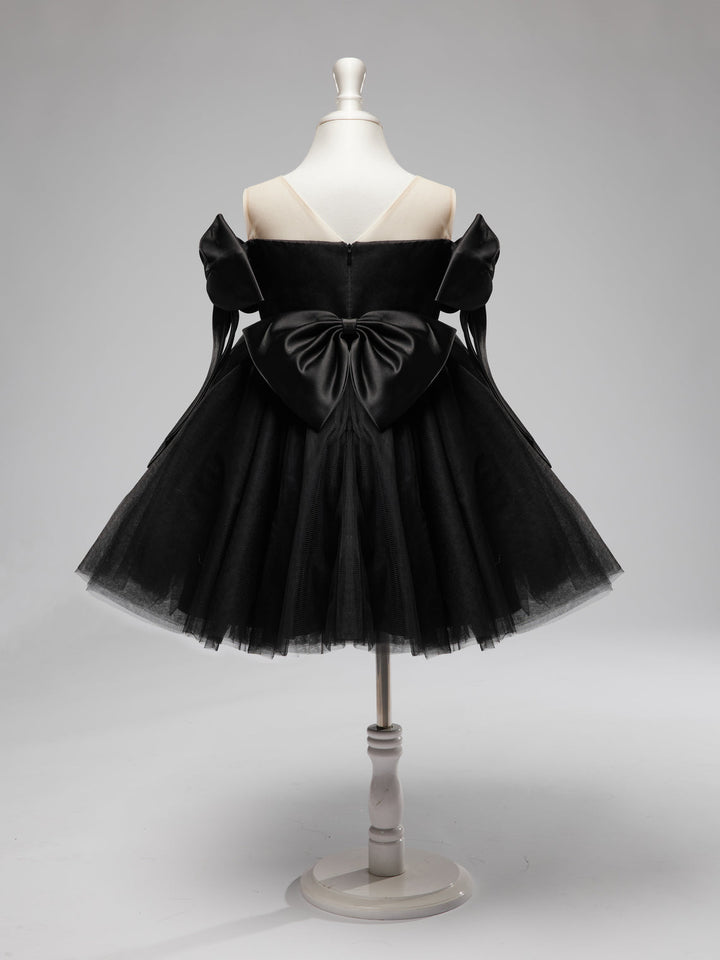 Robe Bébé Fille en Tulle Noir à Épaules Dénudées et Longueur Genou