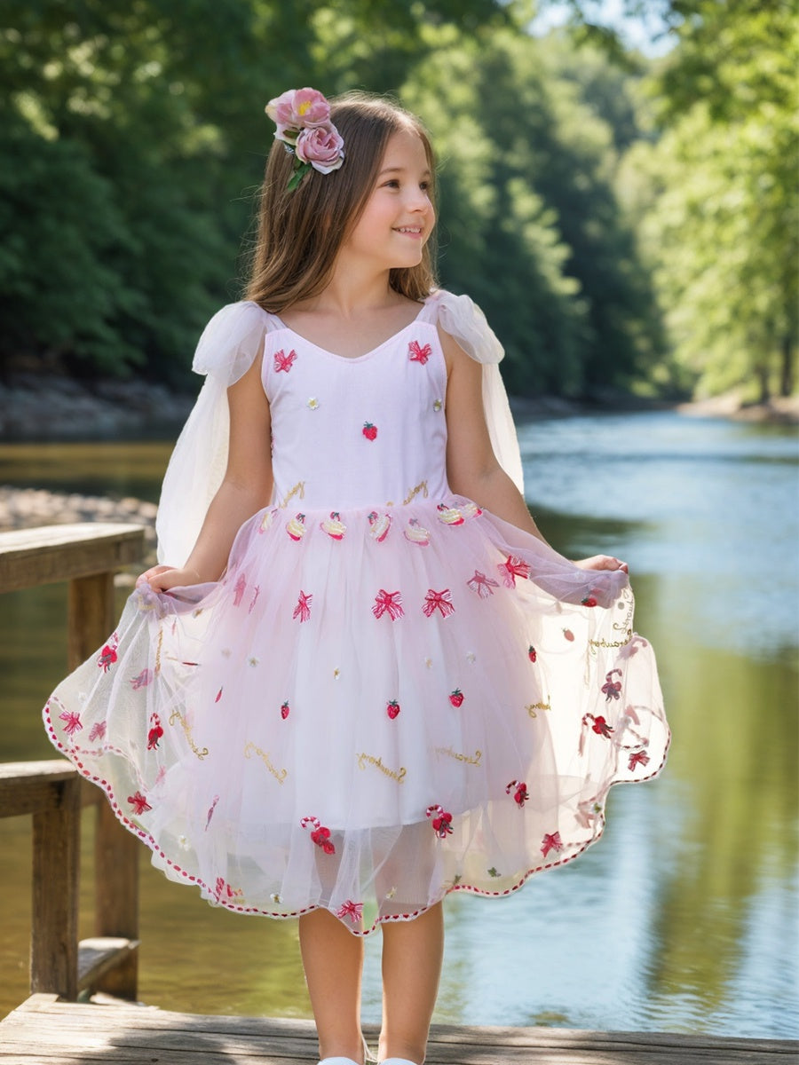 Robe de Demoiselle D'Honneur en Tulle Longueur Genou avec Broderie de Fraises