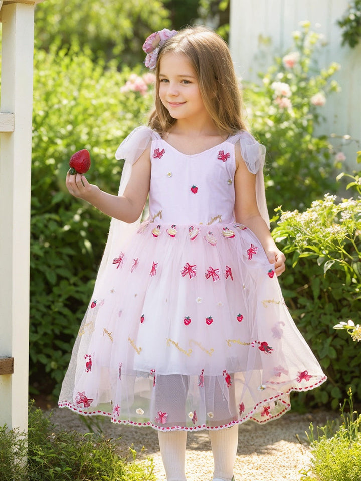 Robe de Demoiselle D'Honneur en Tulle Longueur Genou avec Broderie de Fraises