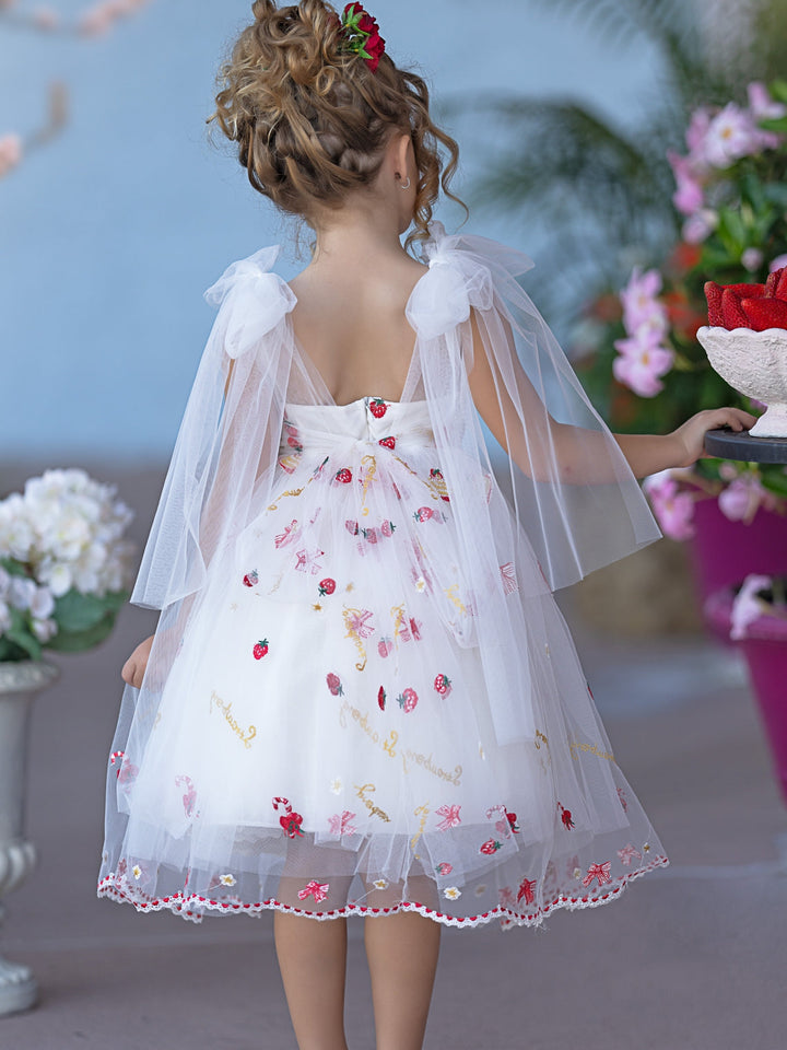 Robe de Demoiselle D'Honneur en Tulle Longueur Genou avec Broderie de Fraises