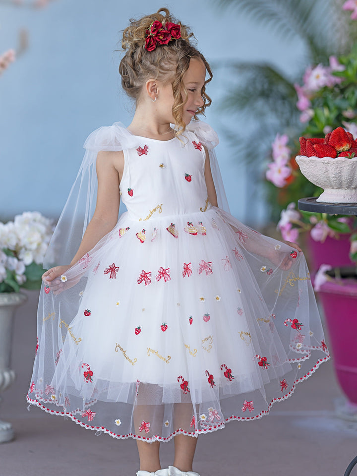 Robe de Demoiselle D'Honneur en Tulle Longueur Genou avec Broderie de Fraises