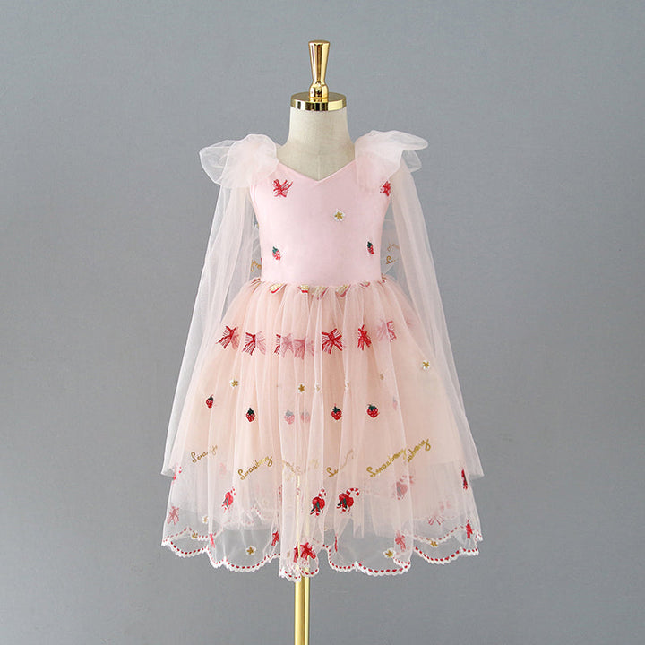Robe de Demoiselle D'Honneur en Tulle Longueur Genou avec Broderie de Fraises