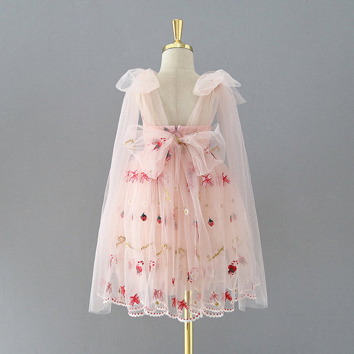 Robe de Demoiselle D'Honneur en Tulle Longueur Genou avec Broderie de Fraises