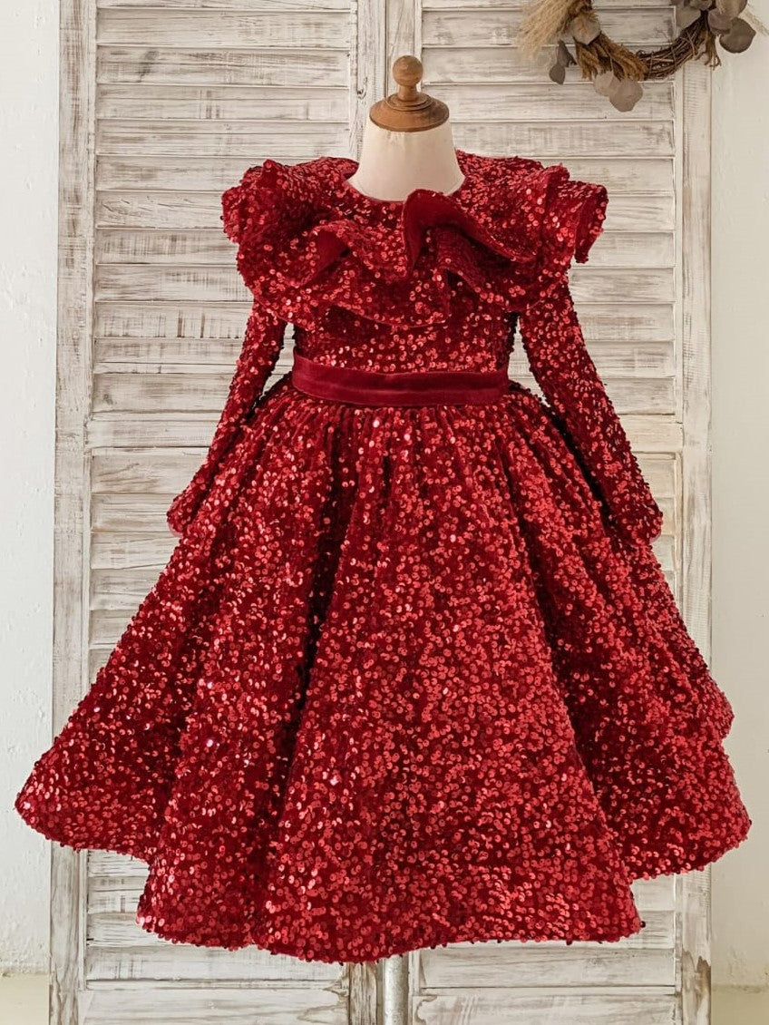 Robe Fille Bordeaux à Paillettes en Velours Longueur Genou
