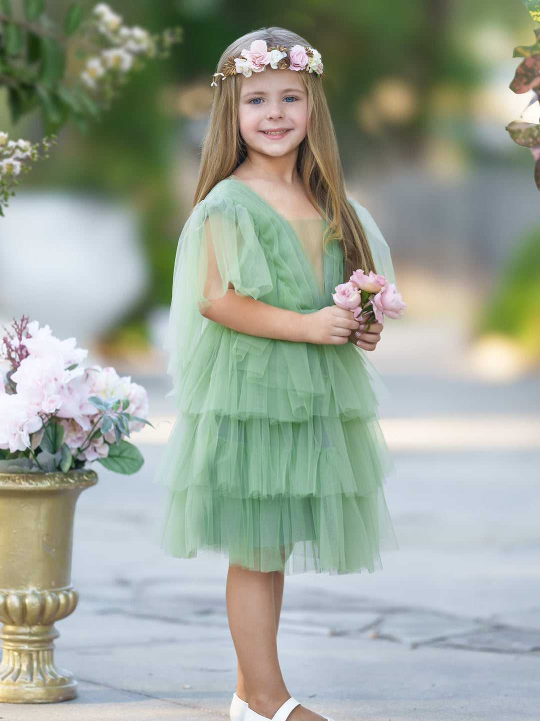 Robe de Demoiselle D'Honneur Élégante en Tulle pour Petite Fille avec Motif Féerique Du Jardin Enchanté