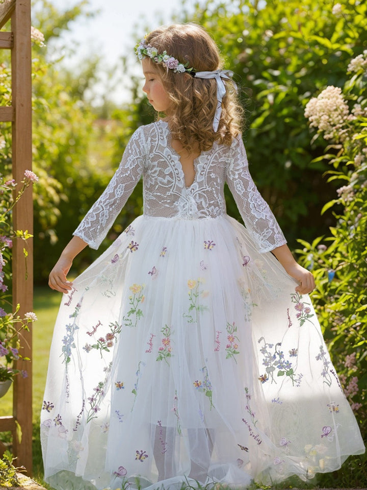 Robe de Demoiselle D'Honneur de Jardin en Tulle Brodé en Dentelle Florale Coupe A Pleine Longueur