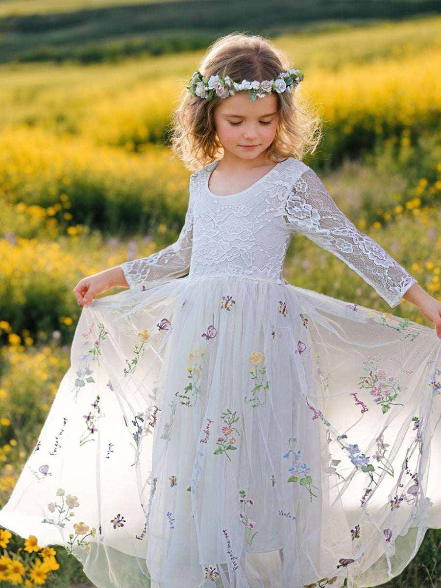 Robe de Demoiselle D'Honneur de Jardin en Tulle Brodé en Dentelle Florale Coupe A Pleine Longueur