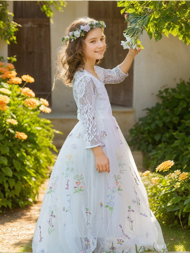 Robe de Demoiselle D'Honneur de Jardin en Tulle Brodé en Dentelle Florale Coupe A Pleine Longueur