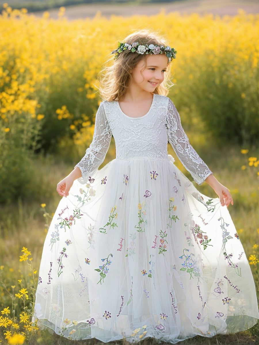 Robe de Demoiselle D'Honneur de Jardin en Tulle Brodé en Dentelle Florale Coupe A Pleine Longueur