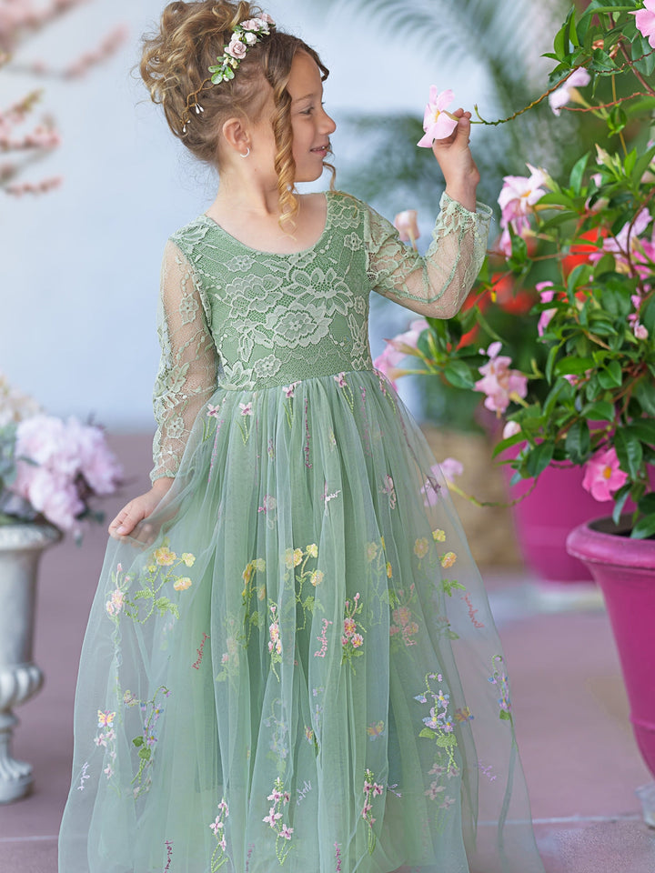 Robe de Demoiselle D'Honneur de Jardin en Tulle Brodé en Dentelle Florale Coupe A Pleine Longueur