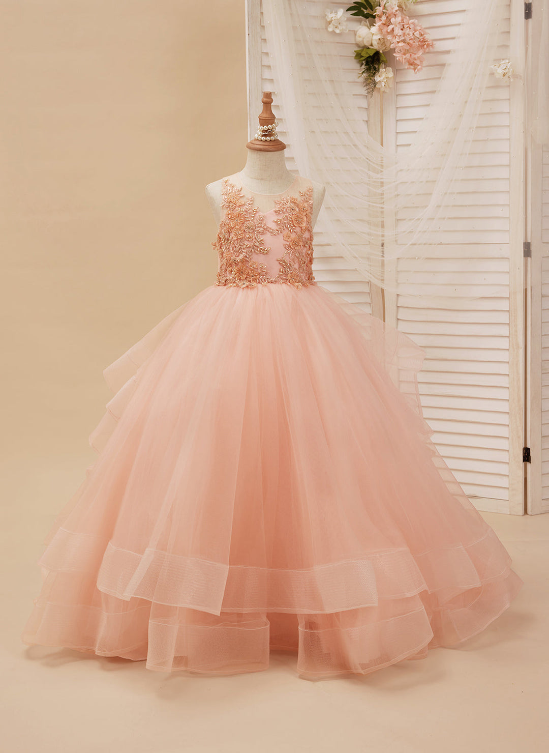 Robe de Bal/Princesse en Tulle Rose à Traîne pour Fille