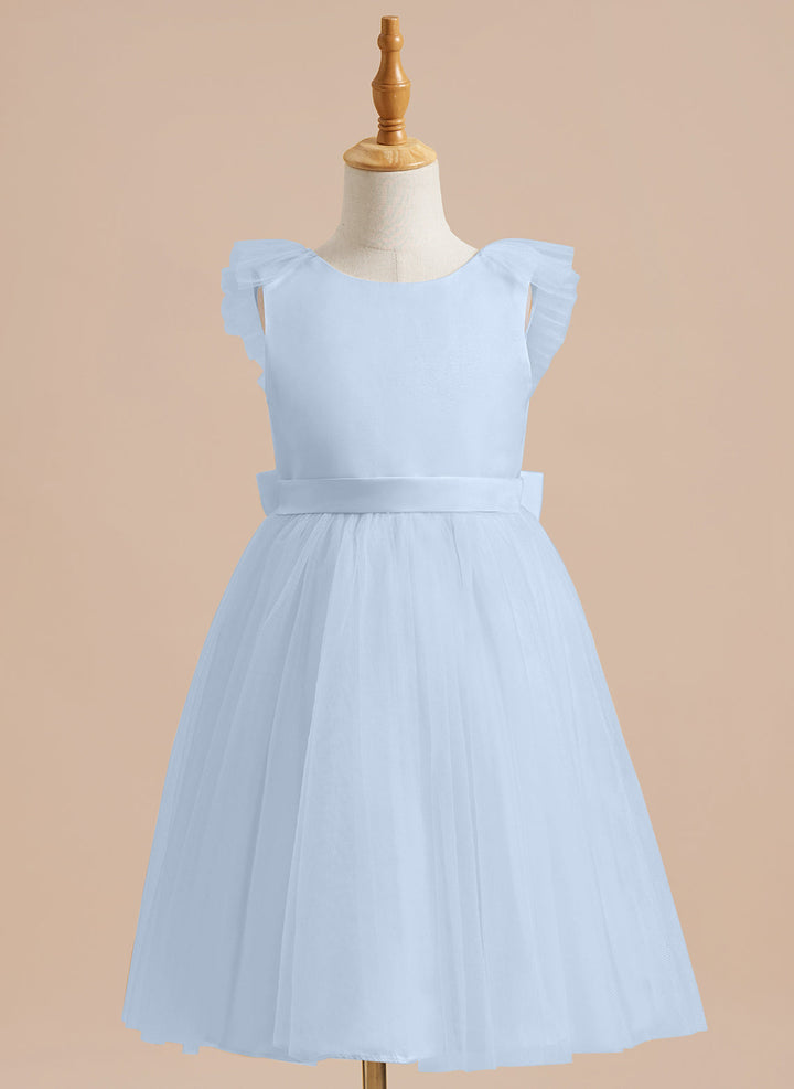 Robe de Demoiselle D'Honneur en Tulle Satiné Coupe A Jusqu'Aux Genoux