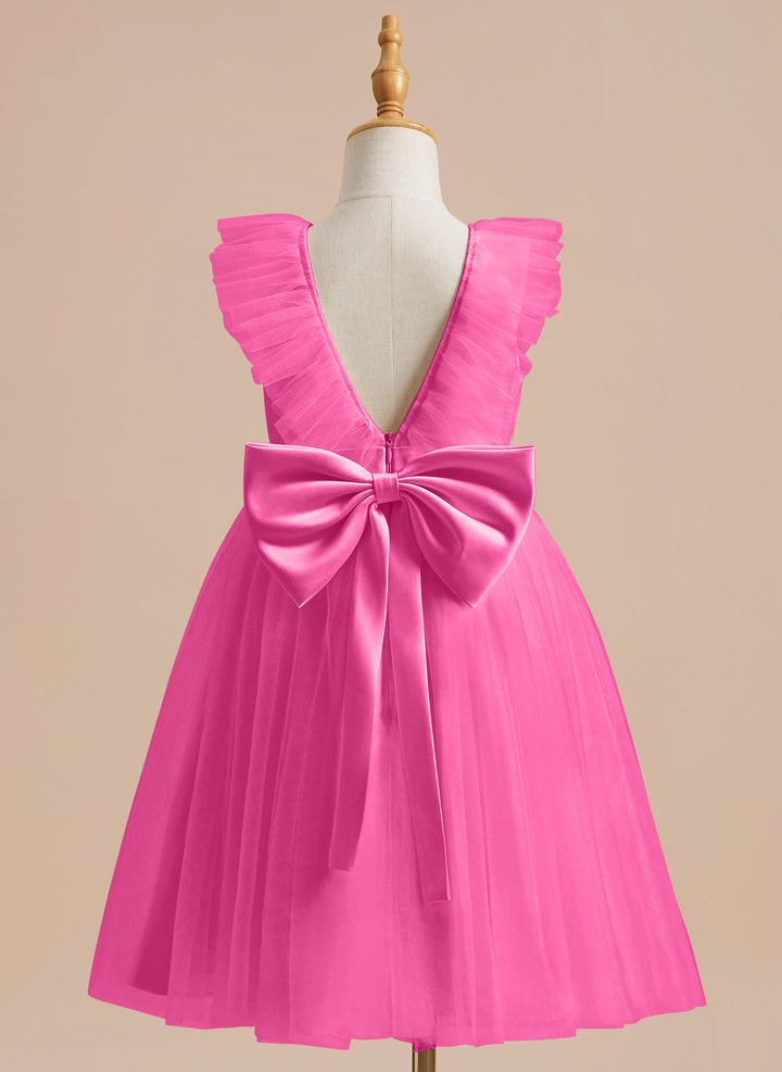 Robe de Demoiselle D'Honneur en Tulle Satiné Coupe A Jusqu'Aux Genoux