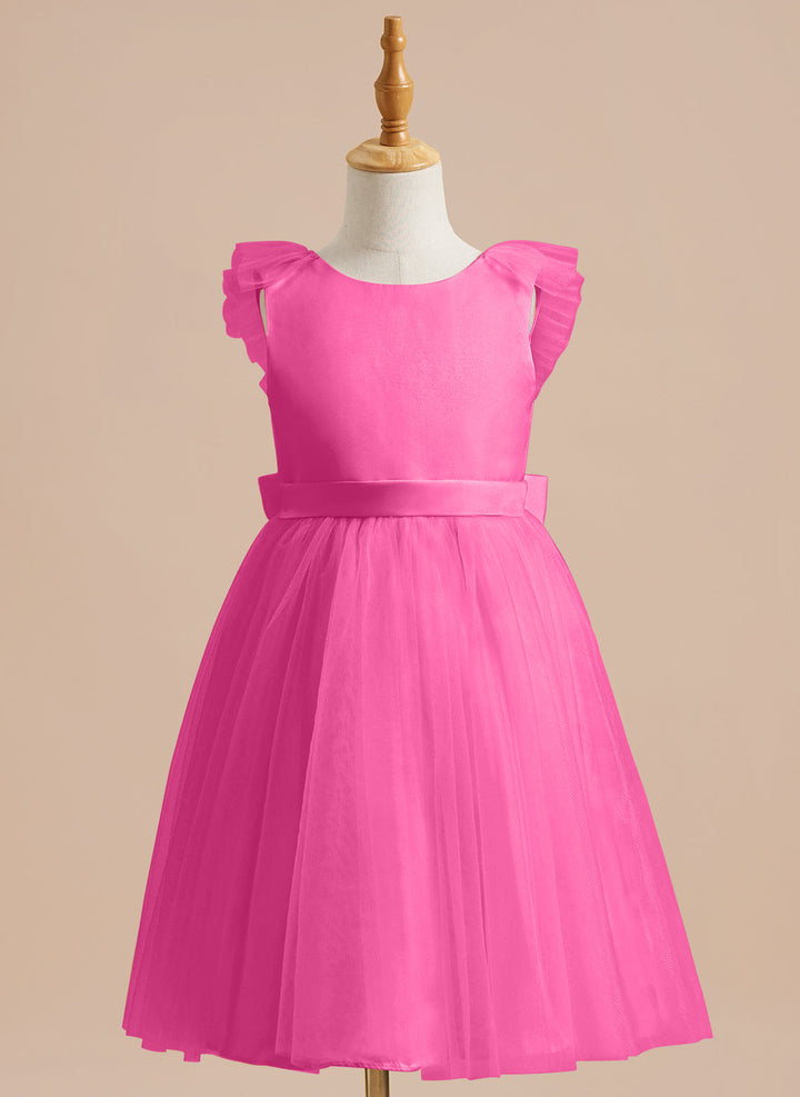 Robe de Demoiselle D'Honneur en Tulle Satiné Coupe A Jusqu'Aux Genoux