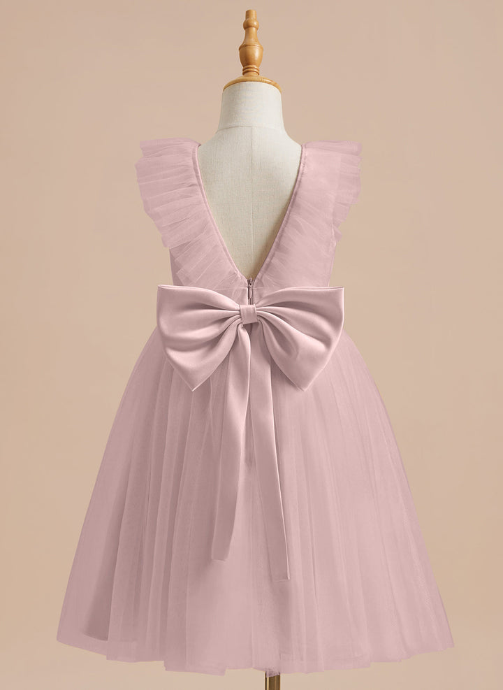 Robe de Demoiselle D'Honneur en Tulle Satiné Coupe A Jusqu'Aux Genoux