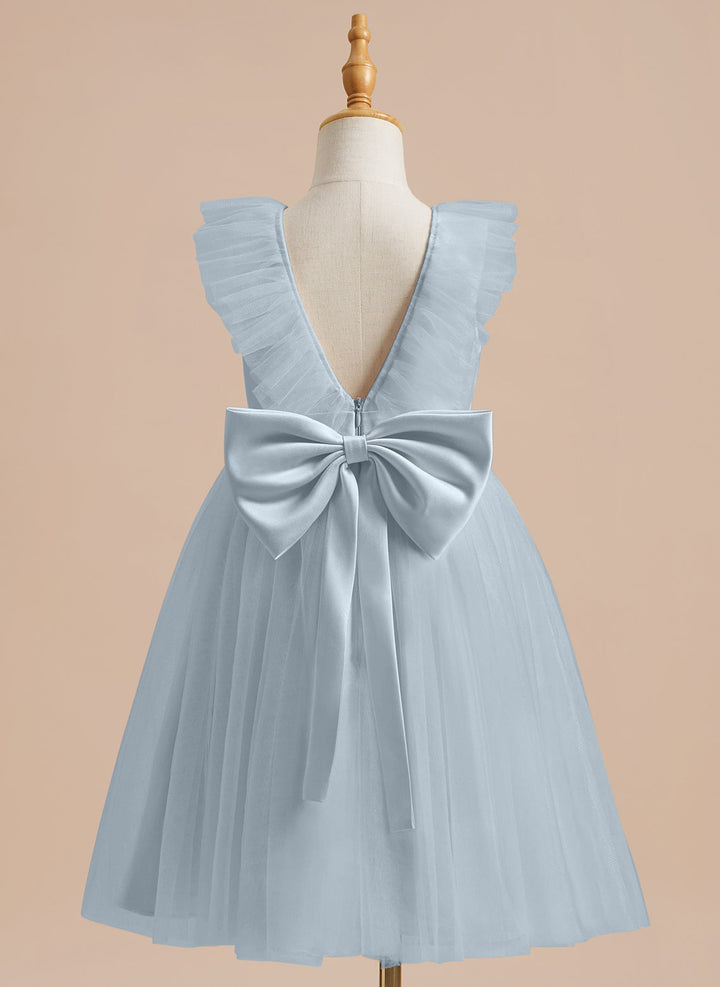 Robe de Demoiselle D'Honneur en Tulle Satiné Coupe A Jusqu'Aux Genoux