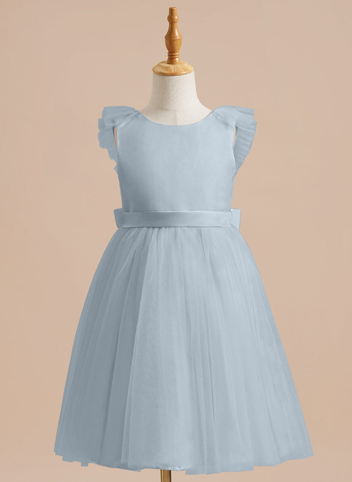Robe de Demoiselle D'Honneur en Tulle Satiné Coupe A Jusqu'Aux Genoux