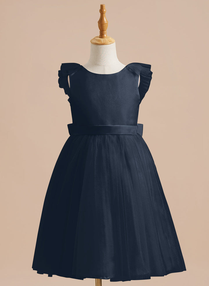 Robe de Demoiselle D'Honneur en Tulle Satiné Coupe A Jusqu'Aux Genoux