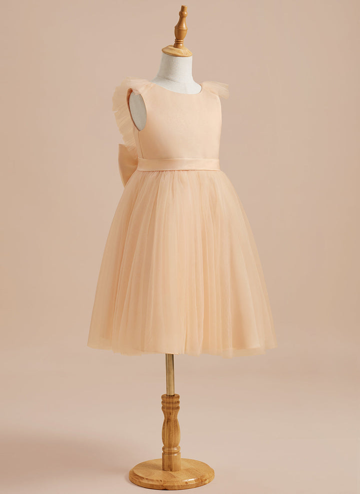 Robe de Demoiselle D'Honneur en Tulle Satiné Coupe A Jusqu'Aux Genoux