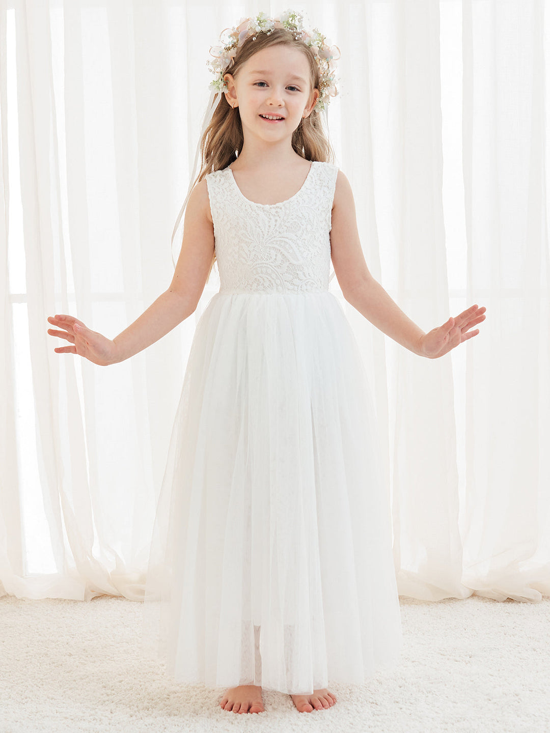 Robe Blanche Trapèze en Tulle et Dentelle Jusqu'À la Cheville