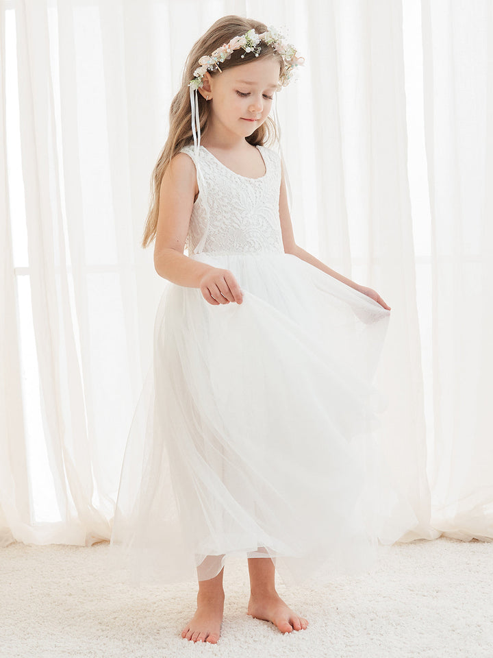 Robe Blanche Trapèze en Tulle et Dentelle Jusqu'À la Cheville