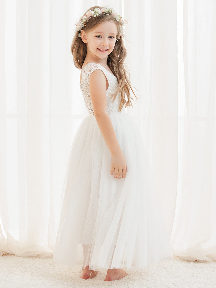 Robe Blanche Trapèze en Tulle et Dentelle Jusqu'À la Cheville