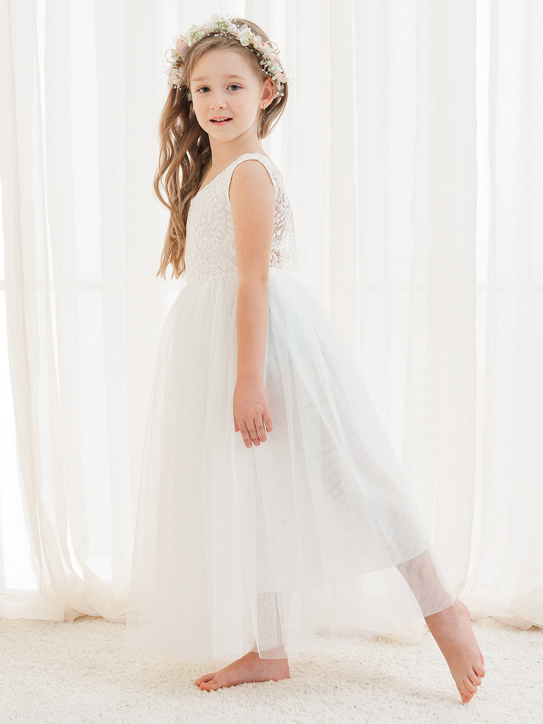 Robe Blanche Trapèze en Tulle et Dentelle Jusqu'À la Cheville