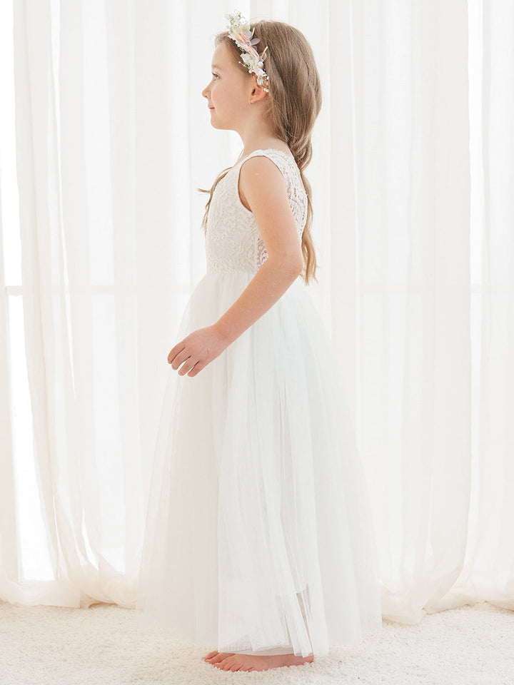 Robe Blanche Trapèze en Tulle et Dentelle Jusqu'À la Cheville
