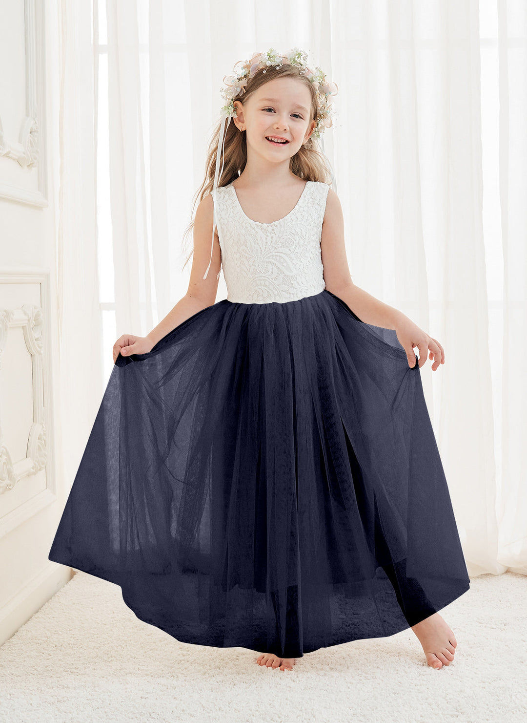 Robe Blanche Trapèze en Tulle et Dentelle Jusqu'À la Cheville