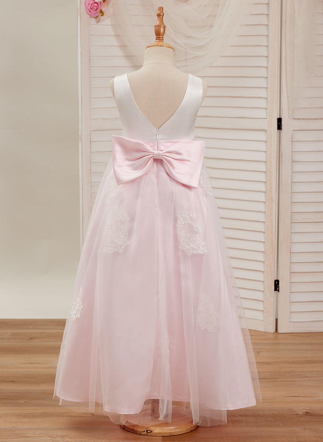 Robe Rose en Tulle Satiné Coupe A Jusqu'À la Cheville