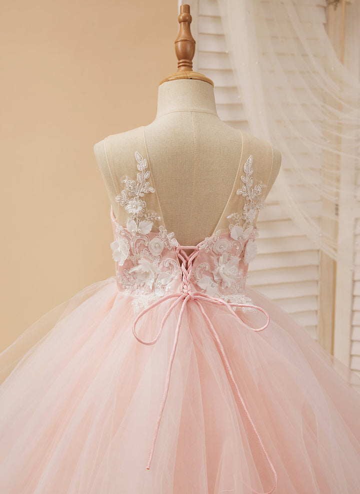 Robe de Bal/Princesse en Tulle et Dentelle Rose Longue Au Sol